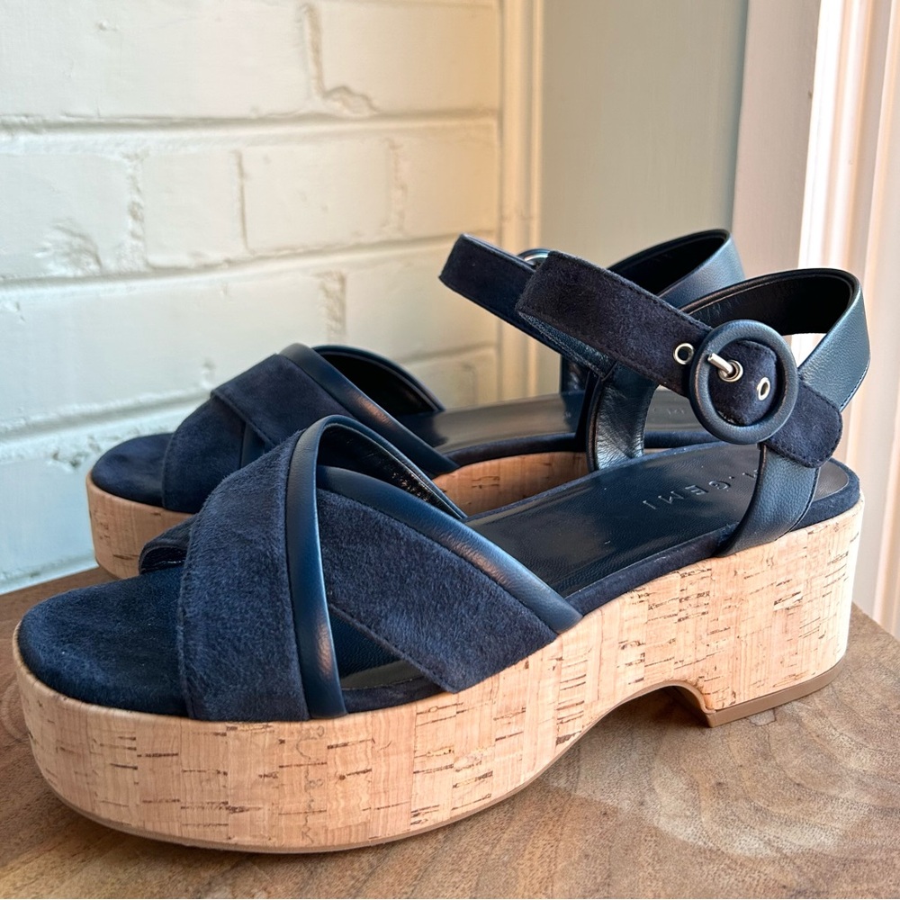 M. Gemi The Angela Italian Suede Leather Cork Platform‎ Sandal Navy Blue 39 8.5